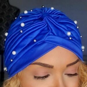 FAUX Pearl Decor Pleated Turban. Royal Blue. NWOT